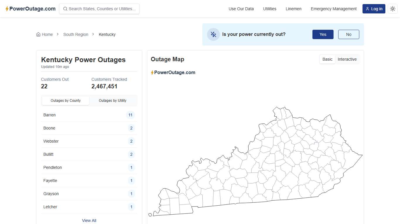 Kentucky Power Outage Map, January 2026